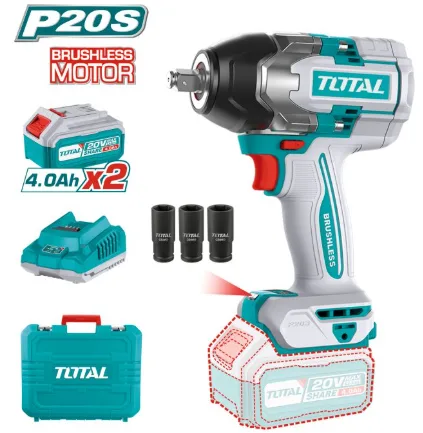 Clé d'impact Total 1/2 850Nm Brushless à 2 Batteries 20V - 4AH + Chargeur